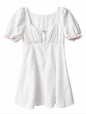 LPA White Eyelet Puff Sleeve Dress Babydoll Milkmaid Rose Applique Medium